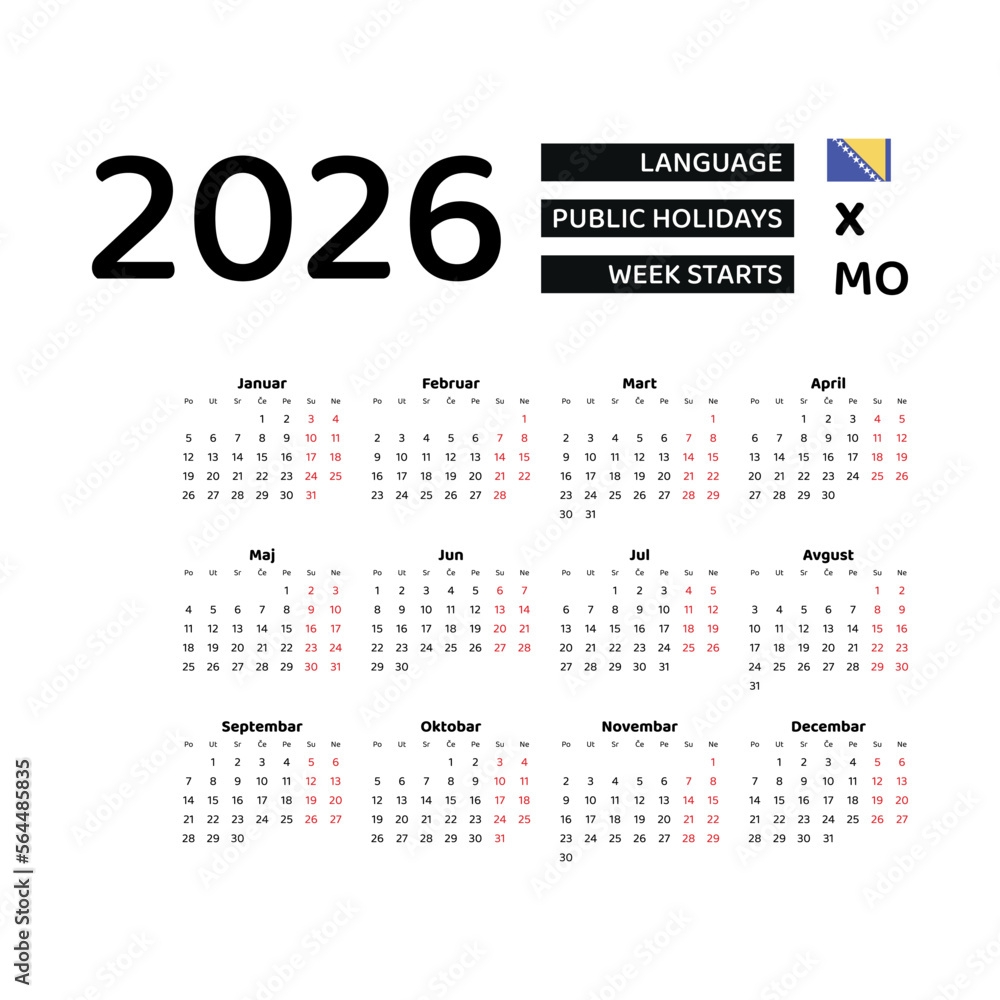 Bosnia And Herzegovina Calendar 2026 Week Starts From Monday Vector