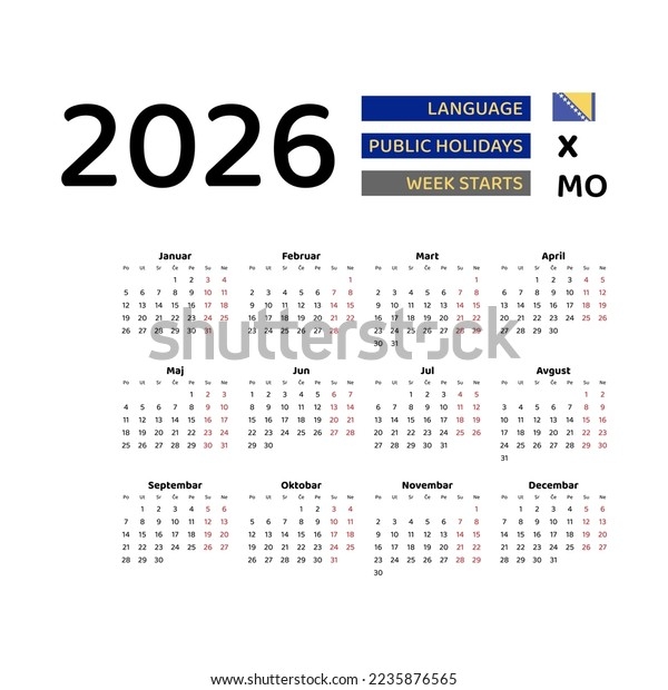 Bosnia Herzegovina Calendar 2026 Week Starts Stock Vector Royalty Free 