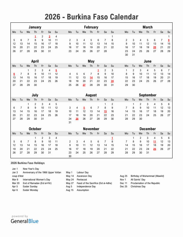 Burkina Faso 2026 Calendar With Holidays