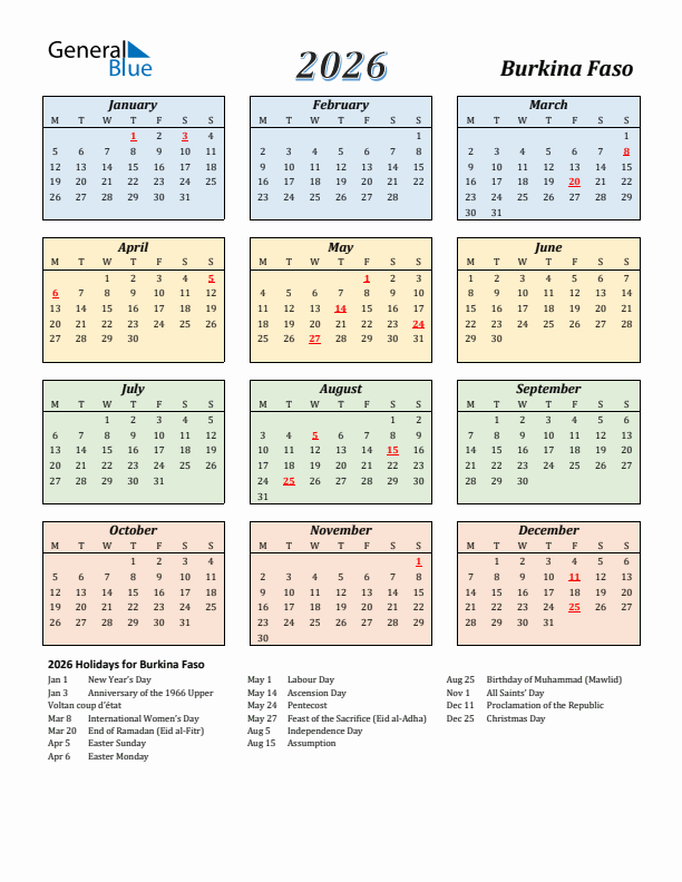 Burkina Faso 2026 Calendar With Holidays