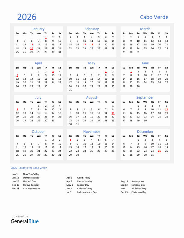 Cabo Verde 2026 Calendar With Holidays