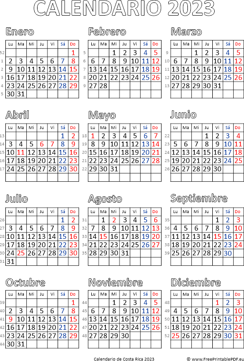 Calendario De Costa Rica 2023 Imprimir El PDF Gratis