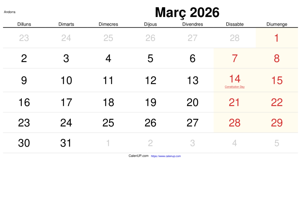 December 2026 Calendar Printable For Andorra CalenUP