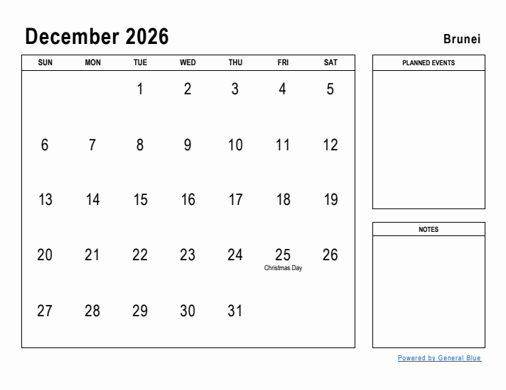 December 2026 Monthly Calendar With Brunei Holidays