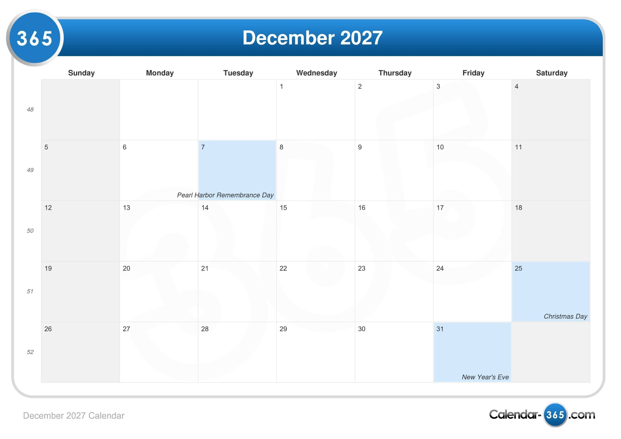 December 2027 Calendar