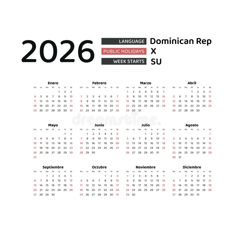Dominican Republic Calendar 2026 Week Starts From Sunday Stock