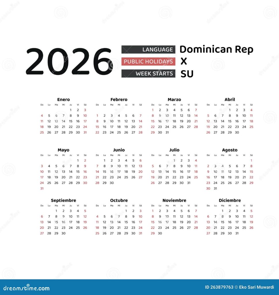 Dominican Republic Calendar 2026 Week Starts From Sunday Stock 
