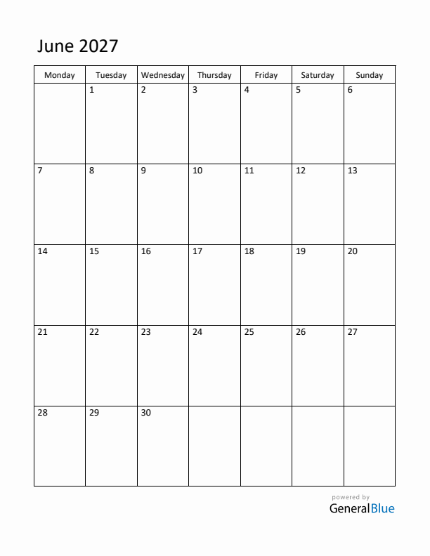 Editable June 2027 Monthly Calendar