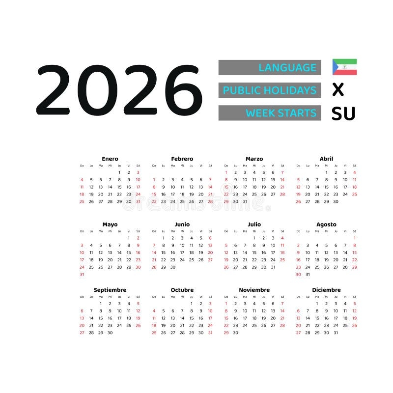 Equatorial Guinea Calendar 2026 Week Starts From Sunday Vector 