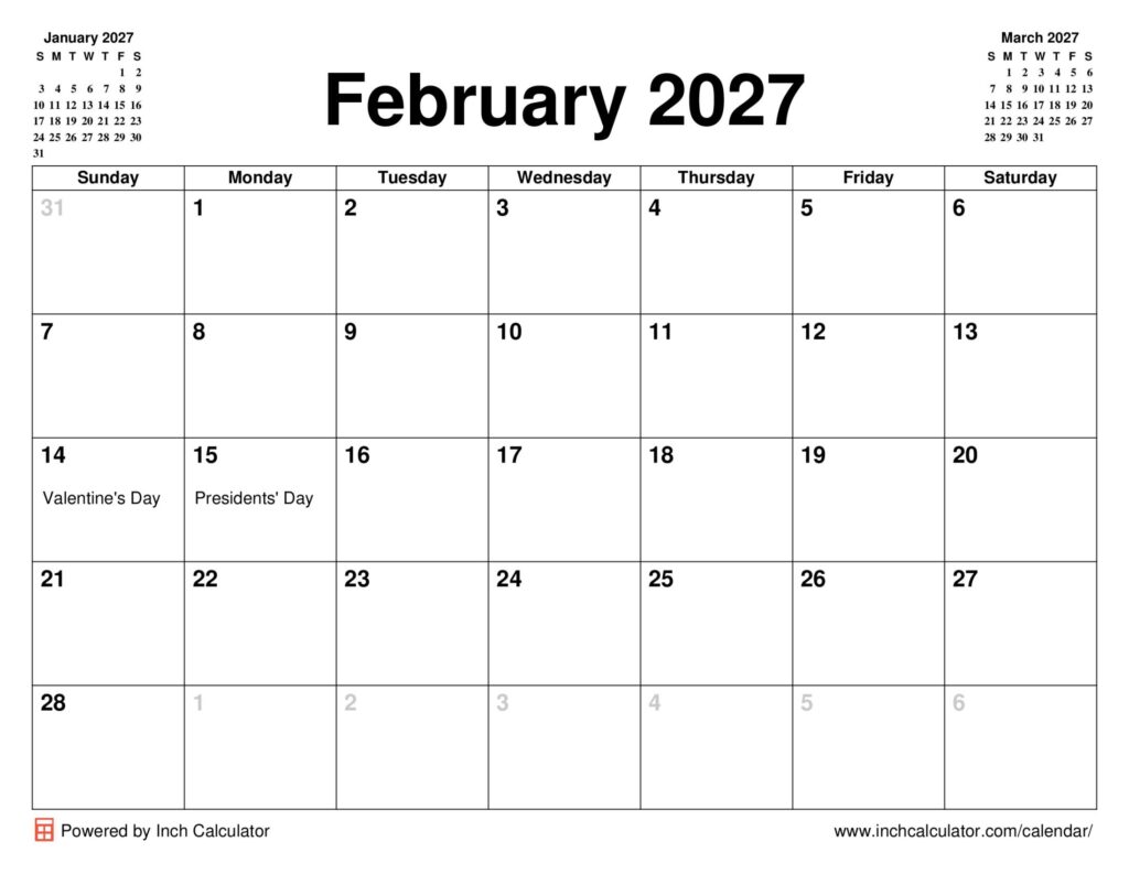 February 2027 Calendar Inch Calculator