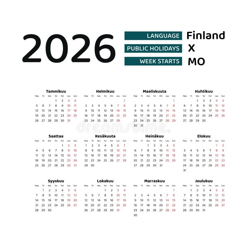 Finland Calendar 2026 Week Starts From Monday Vector Graphic Design 