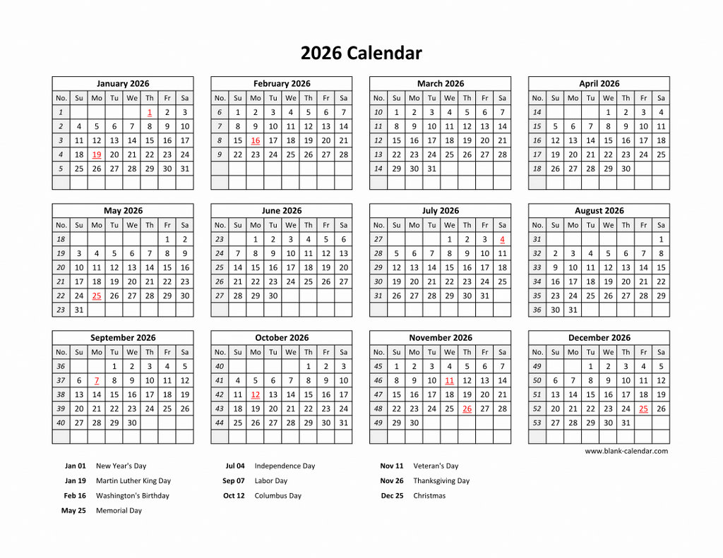 Free Download Printable Calendar 2026 With US Federal Holidays One