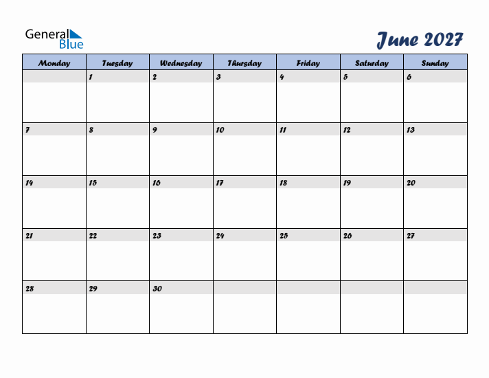 Free June 2027 Monthly Editable Calendar Starting On Monday