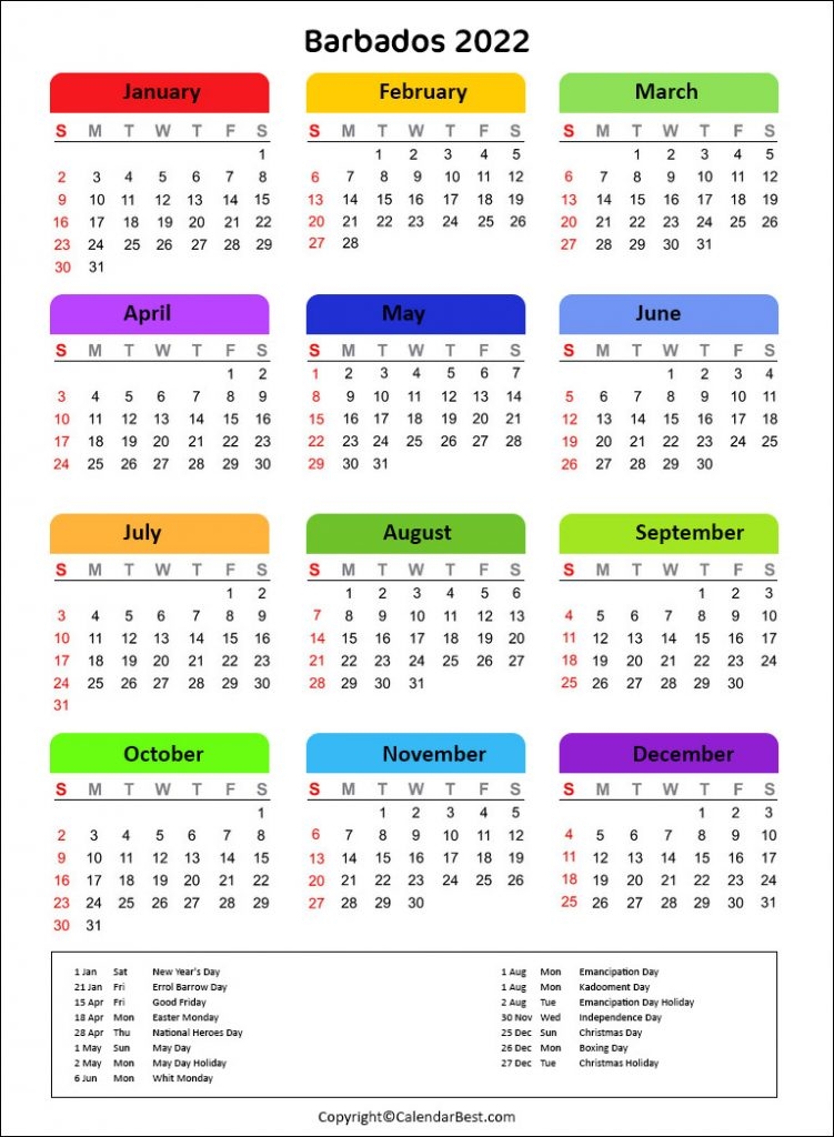 Free Printable Barbados Calendar 2022 With Holidays