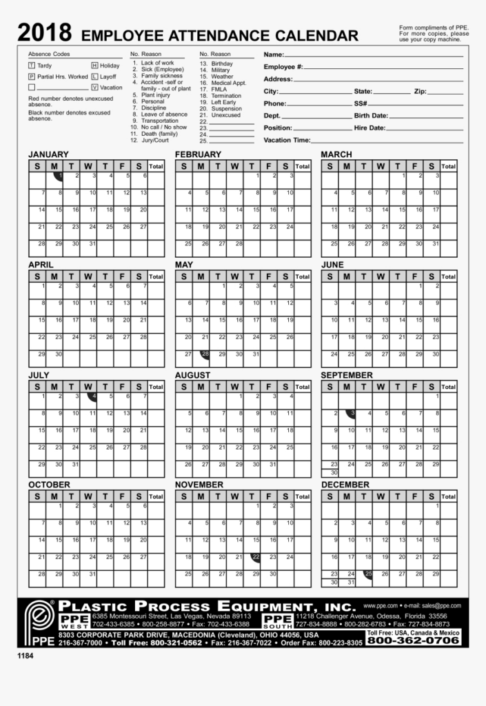 Free Printable Employee Attendance Calendar 2025 Pdf Alica Nicolina