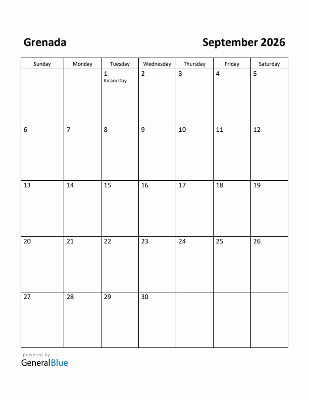 Free Printable September 2026 Calendar For Grenada