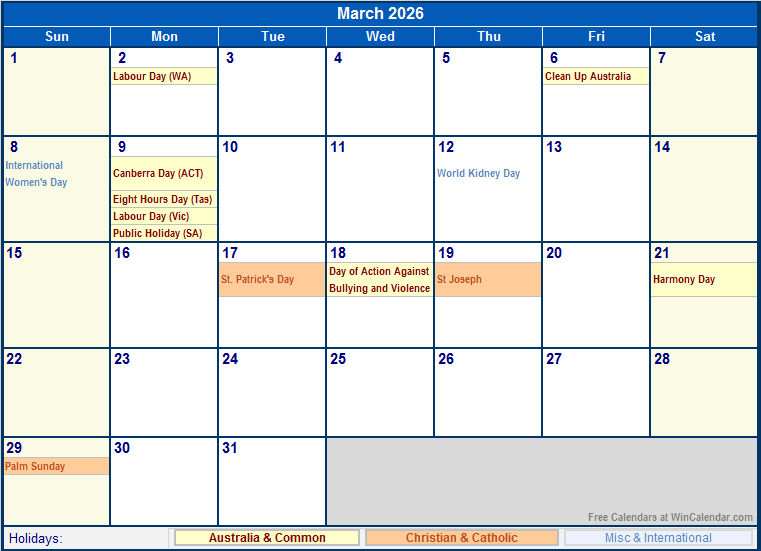 March 2026 Australia Calendar With Holidays For Printing image Format 