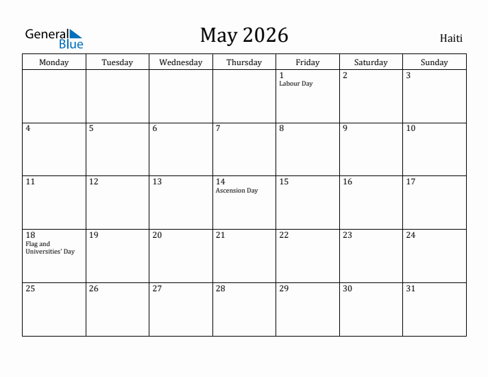 May 2026 Haiti Monthly Calendar With Holidays