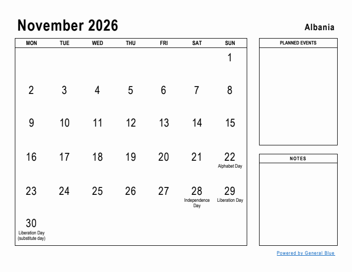 November 2026 Albania Monthly Calendar With Holidays