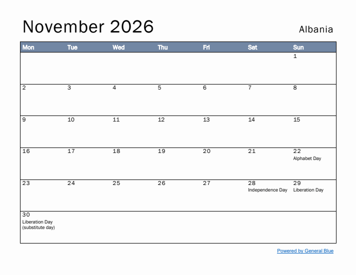 November 2026 Albania Monthly Calendar With Holidays