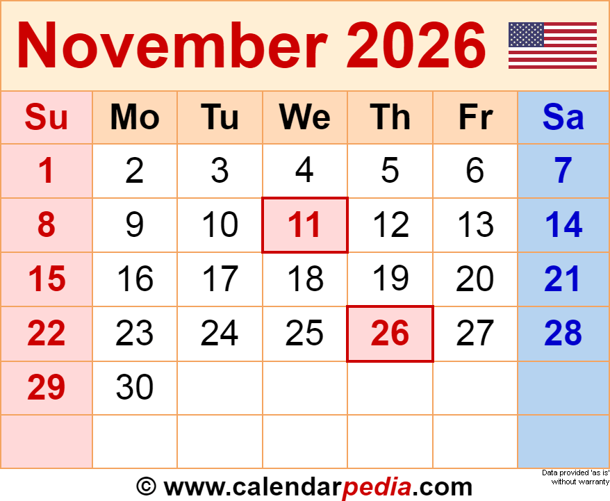 November 2026 Calendar Templates For Word Excel And PDF