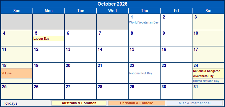 October 2026 Australia Calendar With Holidays For Printing image Format