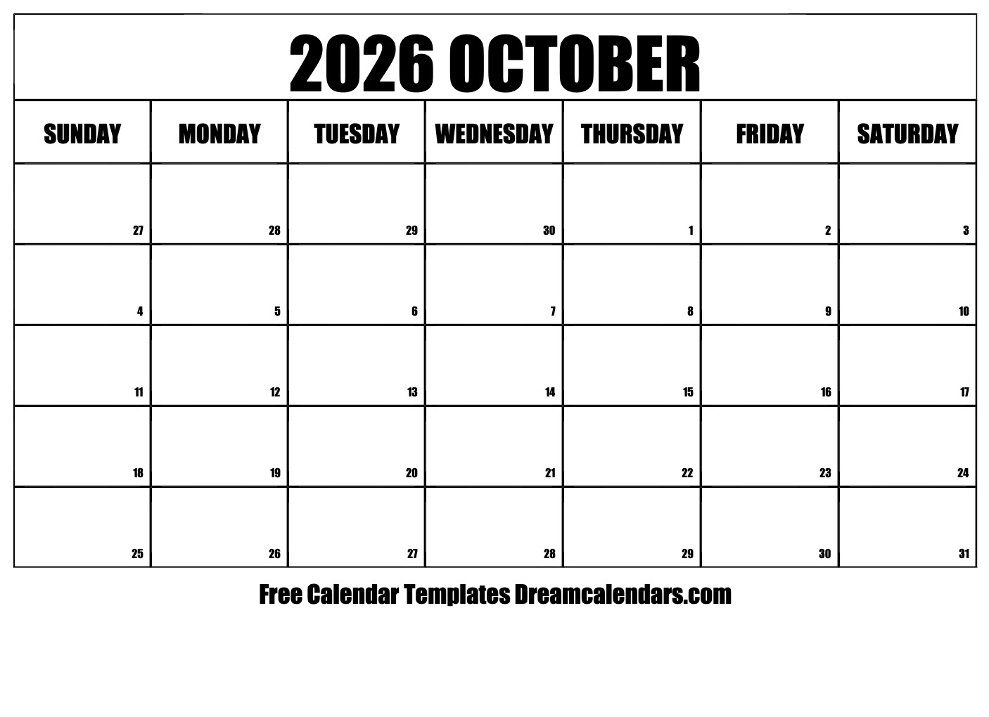 October 2026 Calendar Free Printable With Holidays And Observances