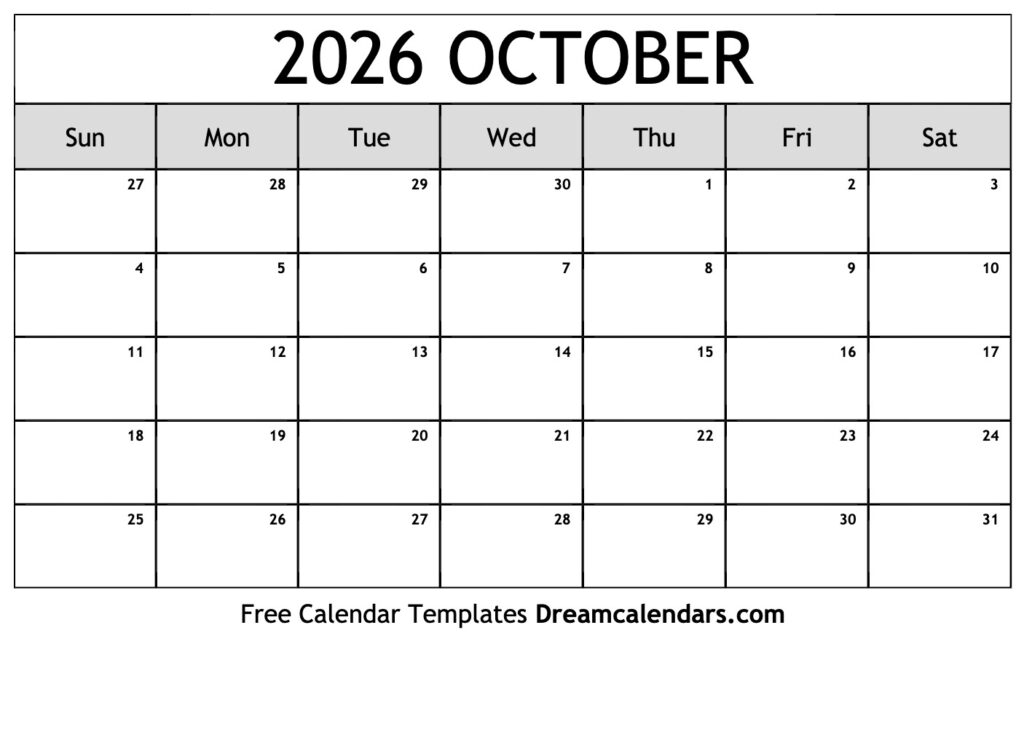 October 2026 Calendar Free Printable With Holidays And Observances