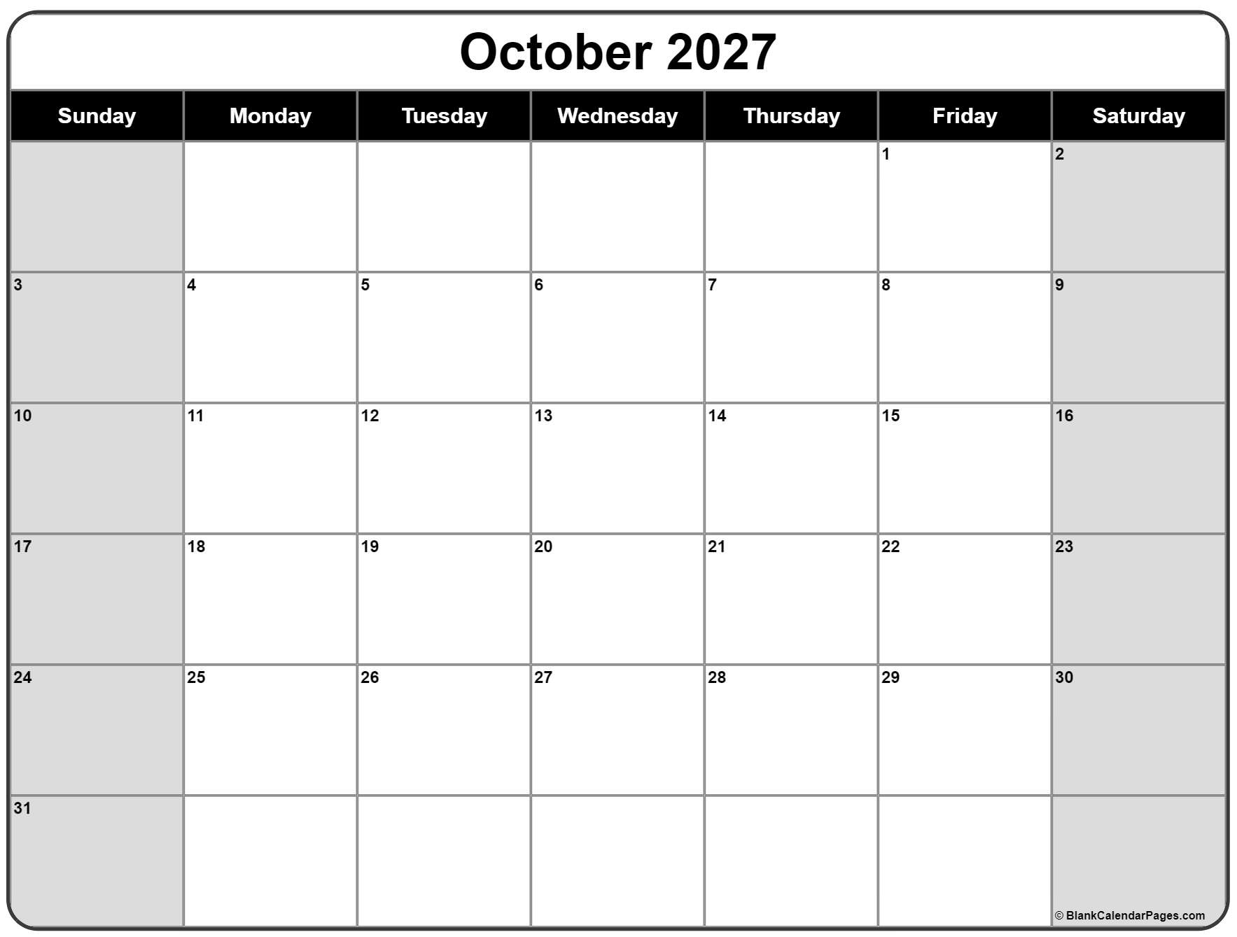 October 2027 Calendar Free Printable Calendars