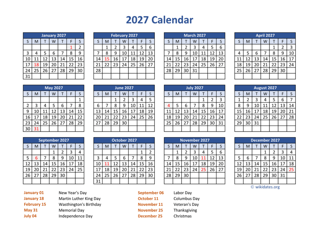 PDF Calendar 2027 With Federal Holidays WikiDates