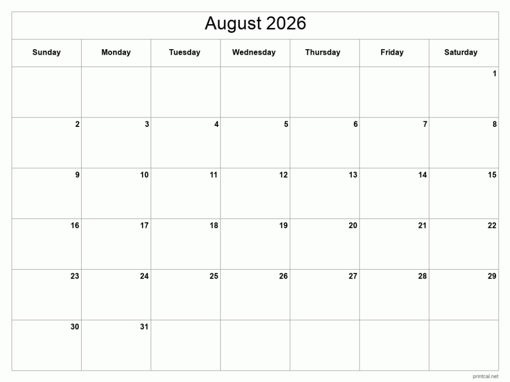 Printable August 2026 Calendar Classic Blank Sheet