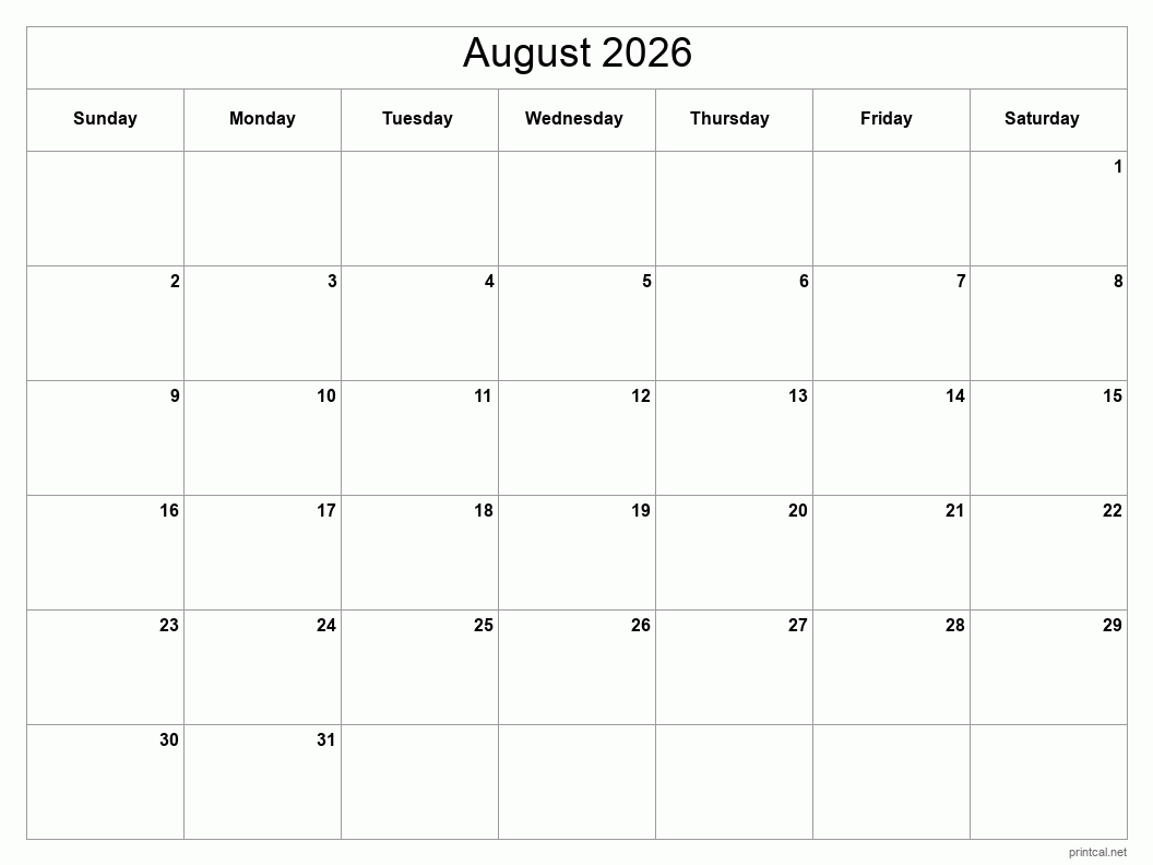 Printable August 2026 Calendar Classic Blank Sheet