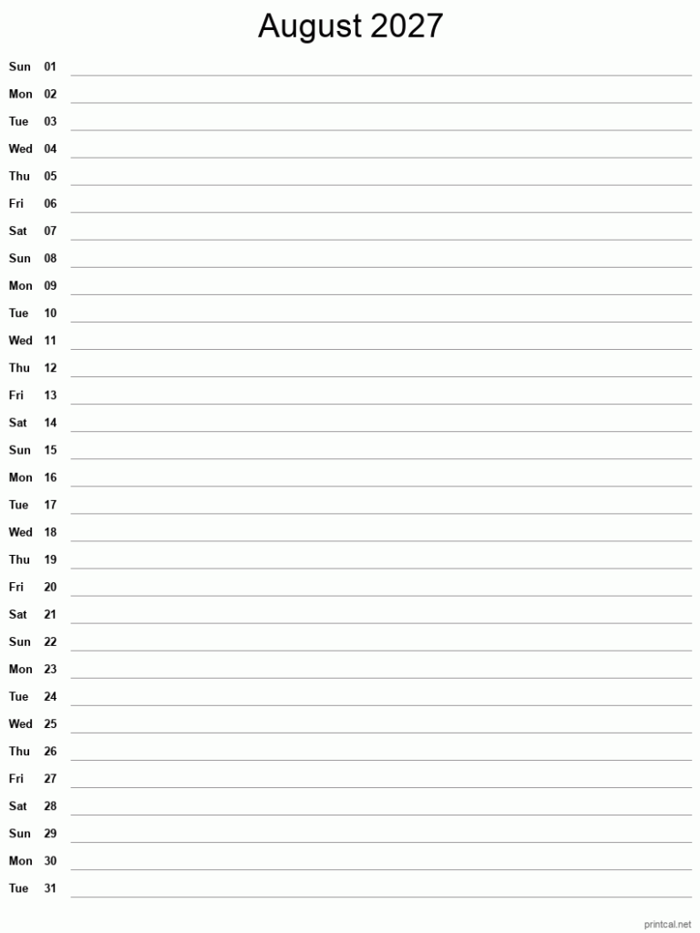 Printable August 2027 Calendar Free Printable Calendars