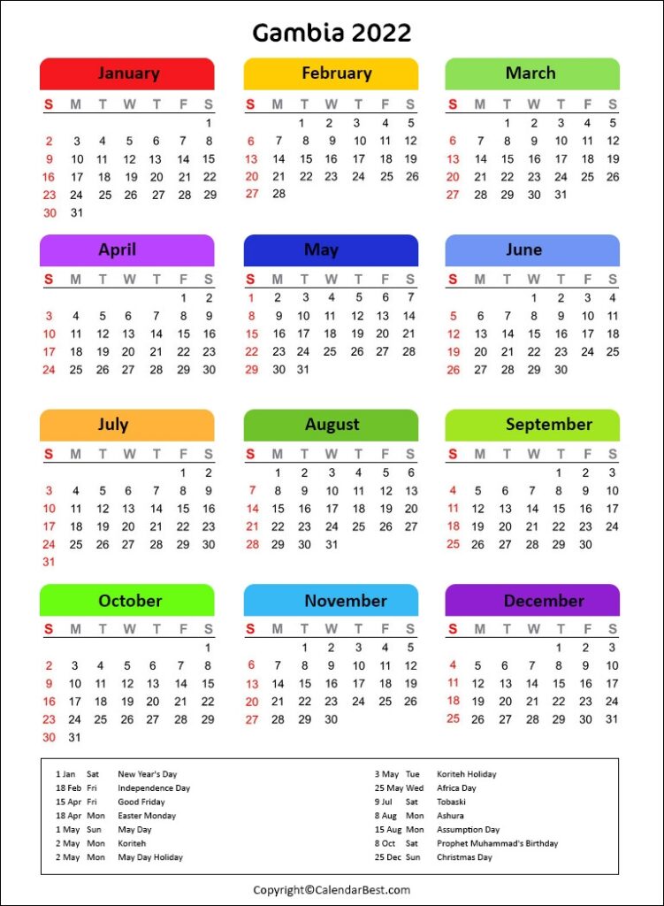 Printable Calendar 2022 Gambia Best Printable Calendar