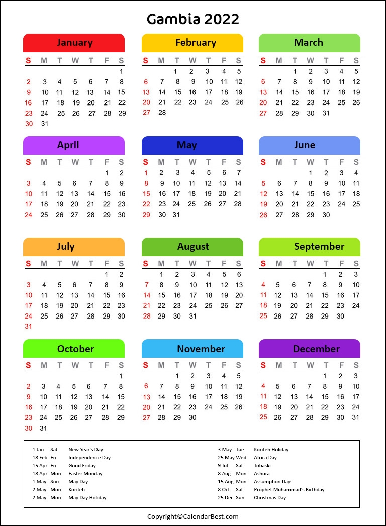 Printable Calendar 2022 Gambia Best Printable Calendar