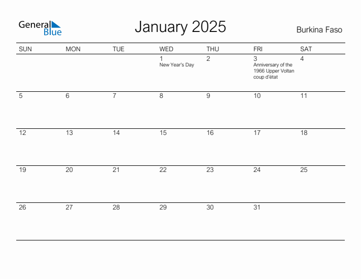 Printable January 2025 Monthly Calendar With Holidays For Burkina Faso