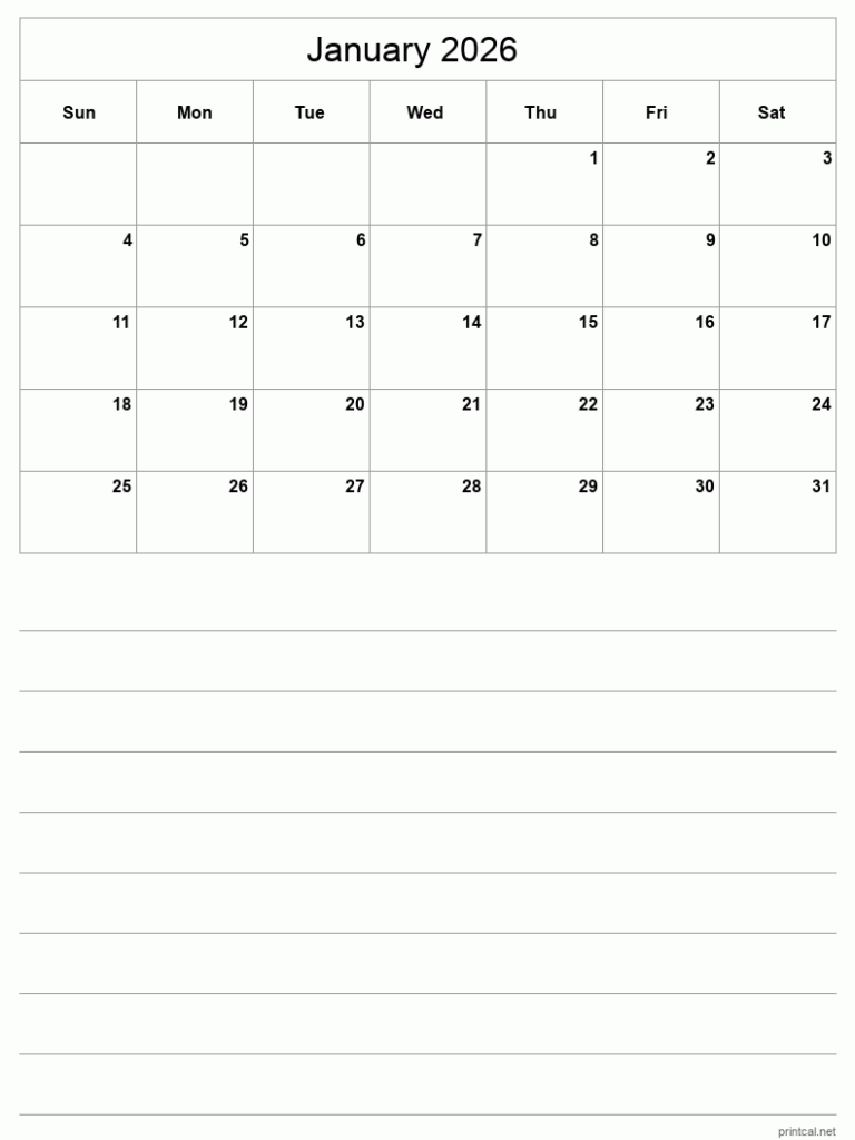 Printable January 2026 Calendar Half Page With Notesheet