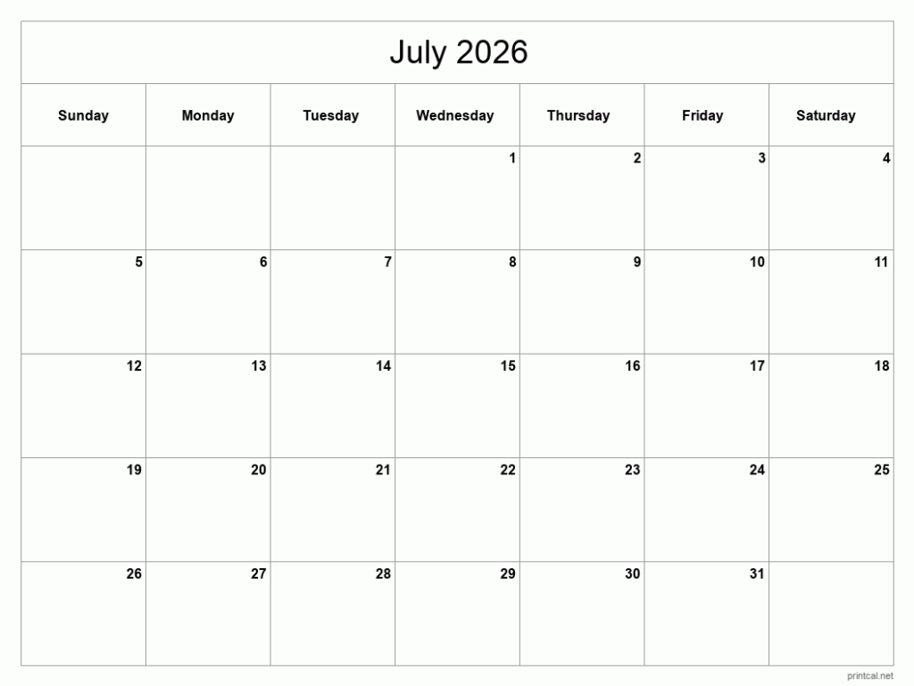 Printable July 2026 Calendar Free Printable Calendars