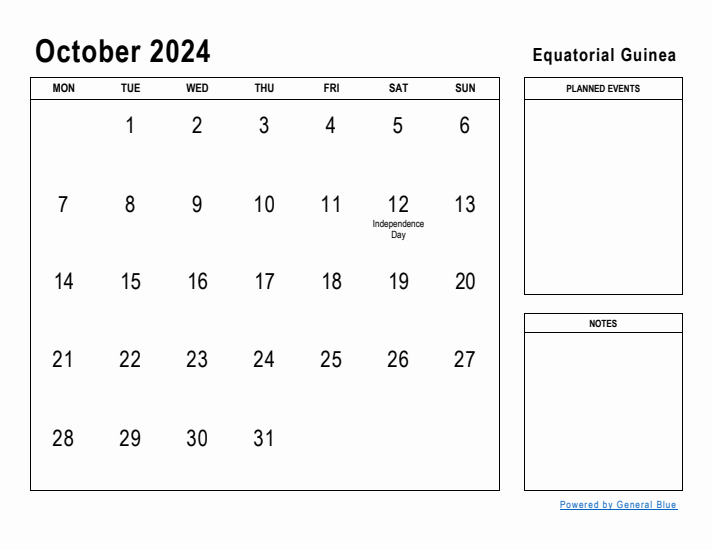 Printable October 2024 Monthly Calendar With Holidays For Equatorial Guinea