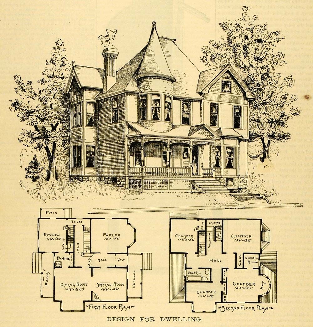 1891 Print Home Architectural Design Floor Plans Victorian Architecture 