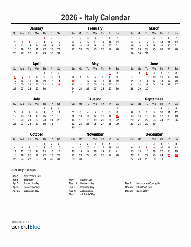2026 Italy Calendar With Holidays