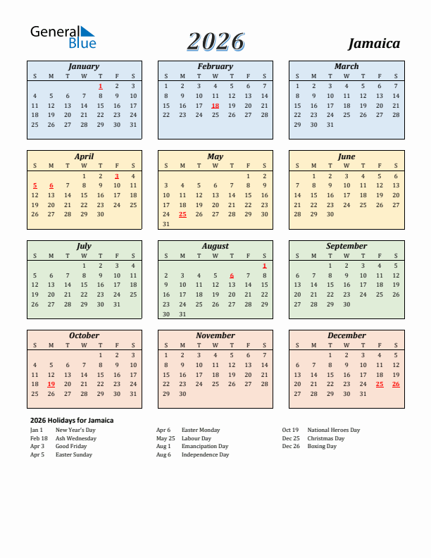 2026 Jamaica Calendar With Holidays