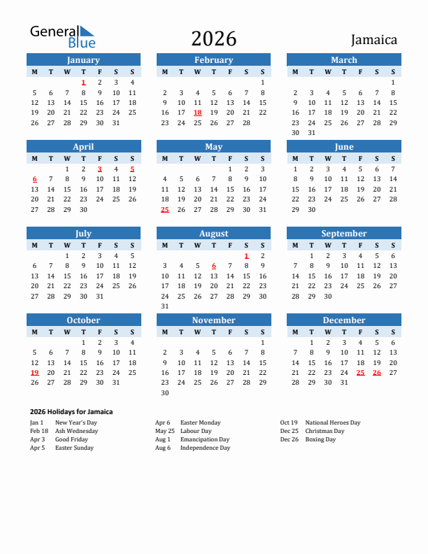 2026 Jamaica Calendar With Holidays