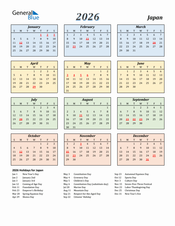 2026 Japan Calendar With Holidays