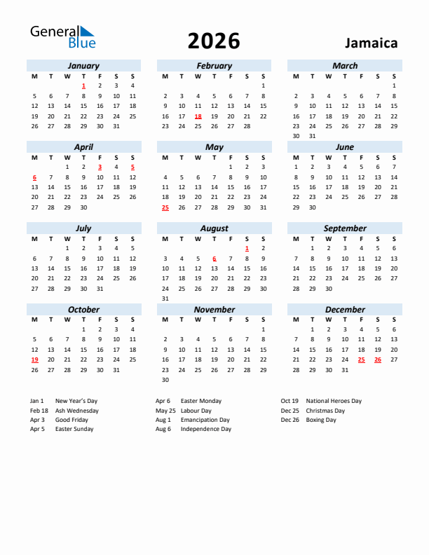 2026 Yearly Calendar For Jamaica With Holidays