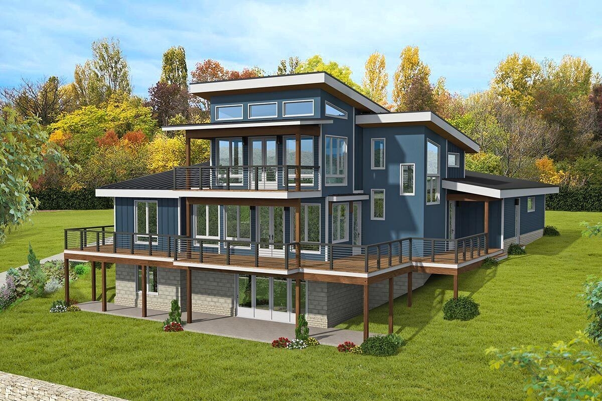 2120 Modern Lake House Plan For A Rear Sloped Lot 680011VR 