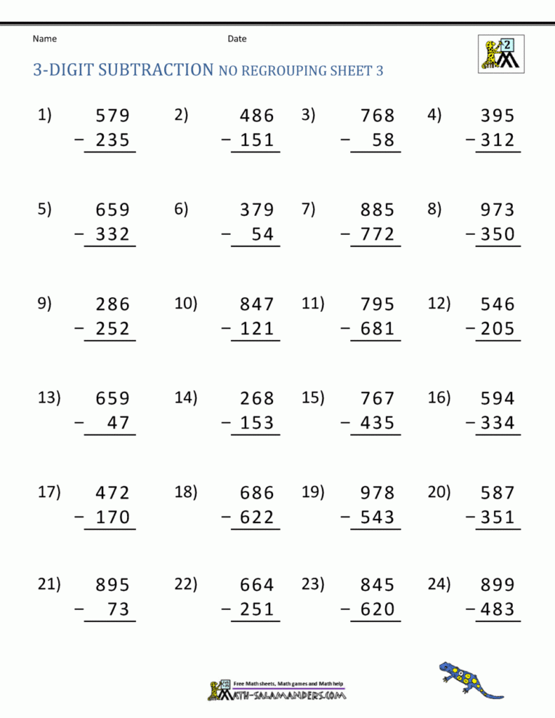 3 Digit Subtraction Worksheets
