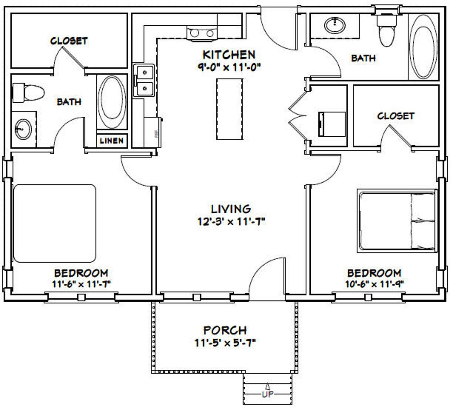 36x24 House 2 bedroom 2 bath 864 Sq Ft PDF Floor Plan 