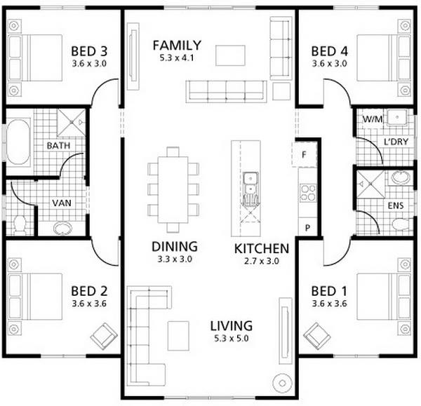 4 Bedroom 1 Story House Plans 3d 3d Plan Plans Bedroom Two Sq Ft Three