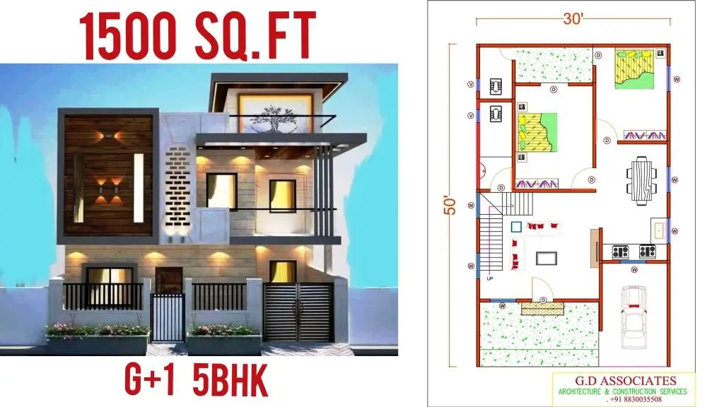 5BHK 1500 Sq Ft House Plans With Beautiful 3D Elevation G D ASSOCIATES